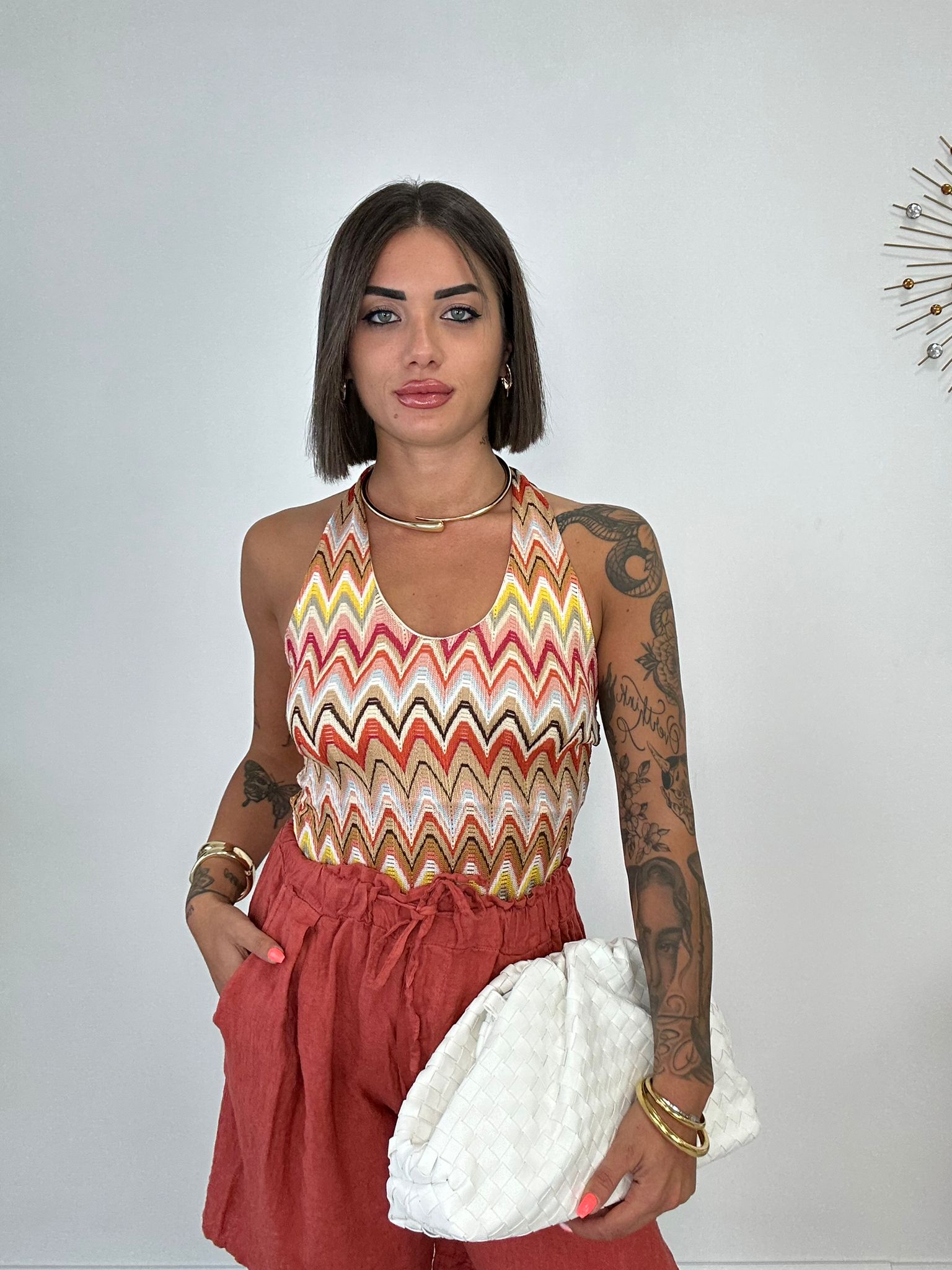 Body Scollo Halter - Multicolor Coccio e Kaki