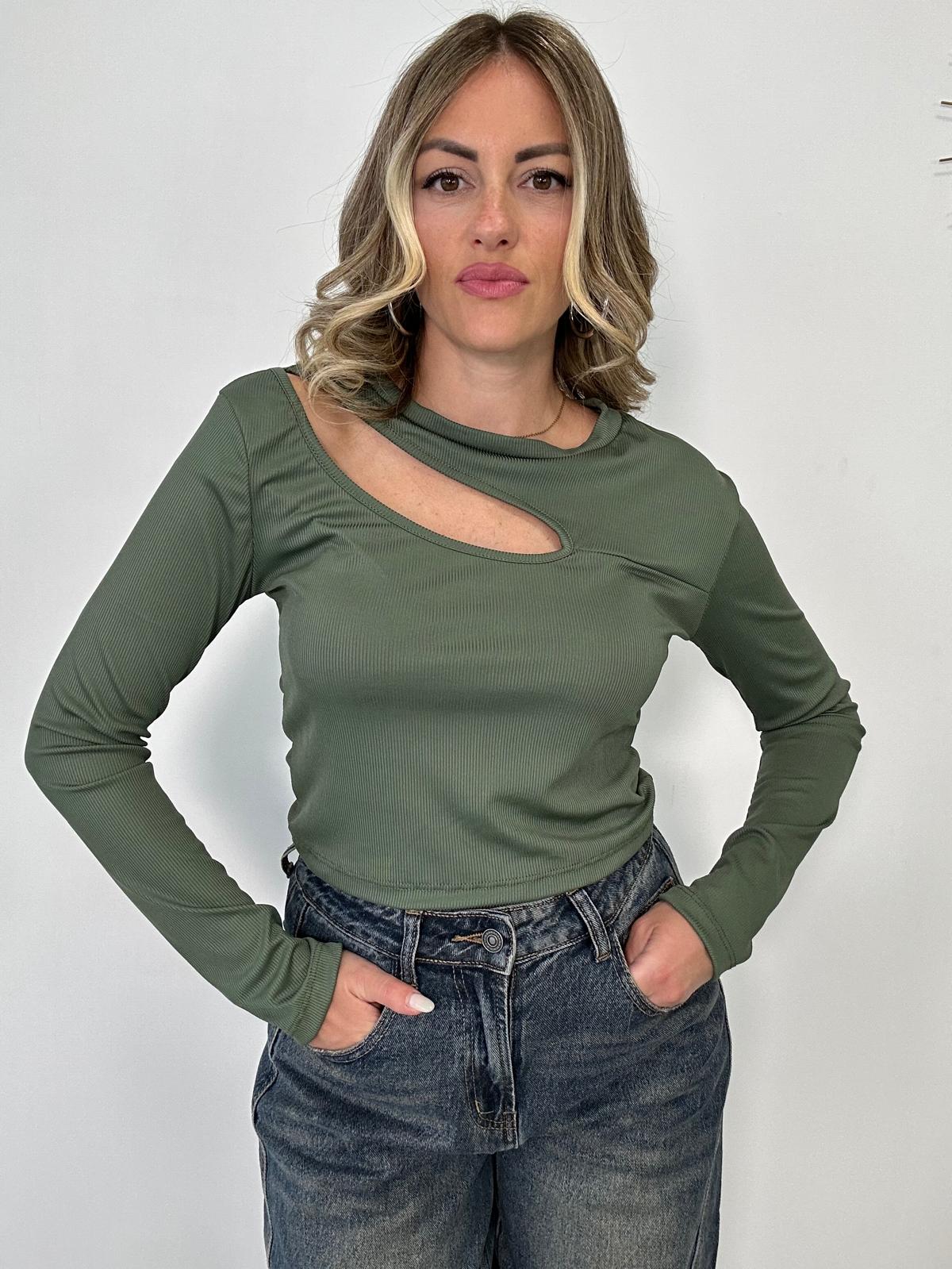 Maglia a costine con apertura - Verde