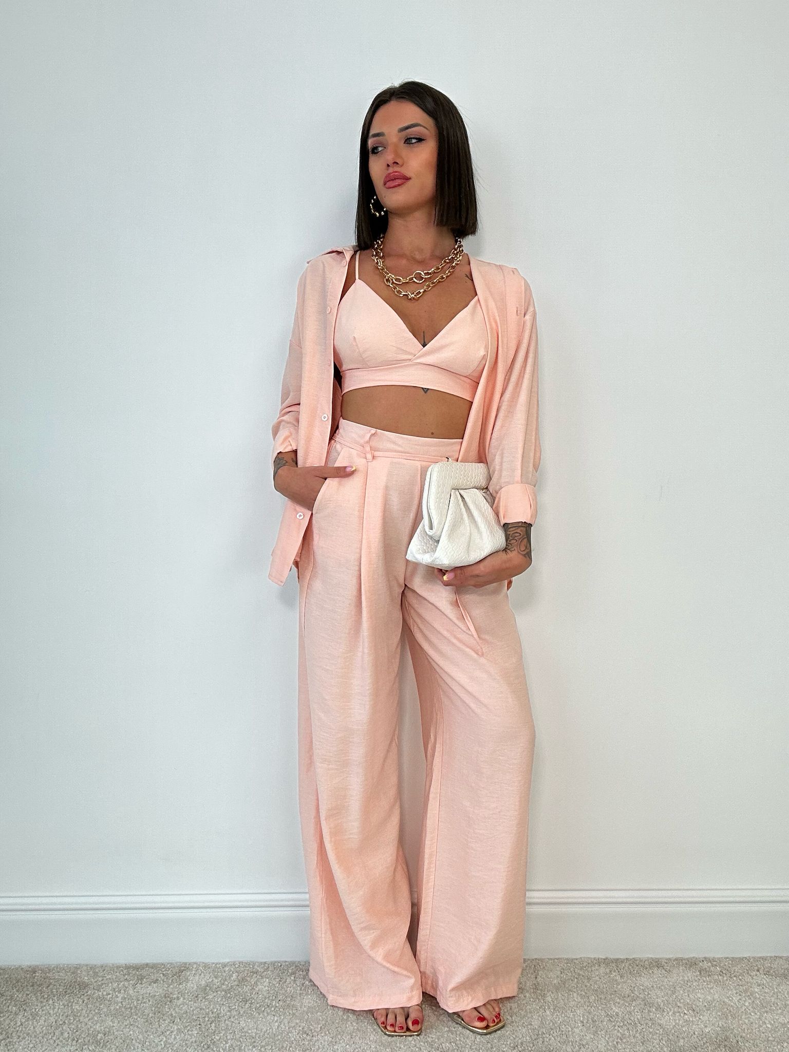 Coordinato Lisbona (Camicia + Bralette + Pantalone) Pesca