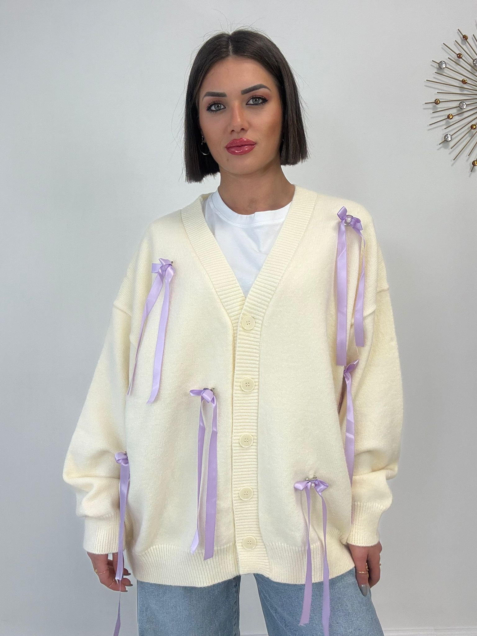 Cardigan à nœuds - Crème à nœuds lilas