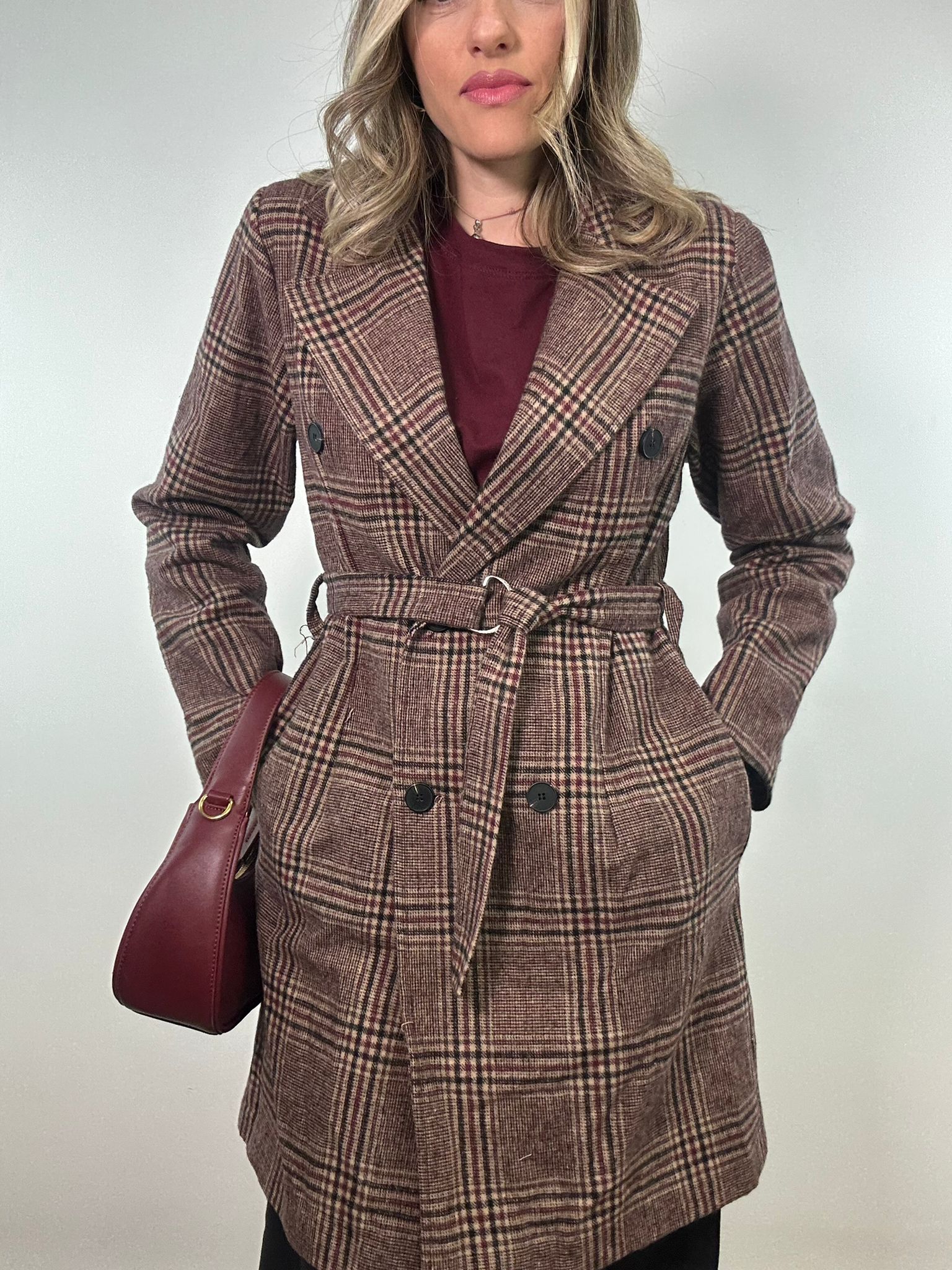 Cappotto a Quadretti 0025 - Bordeaux e Nero