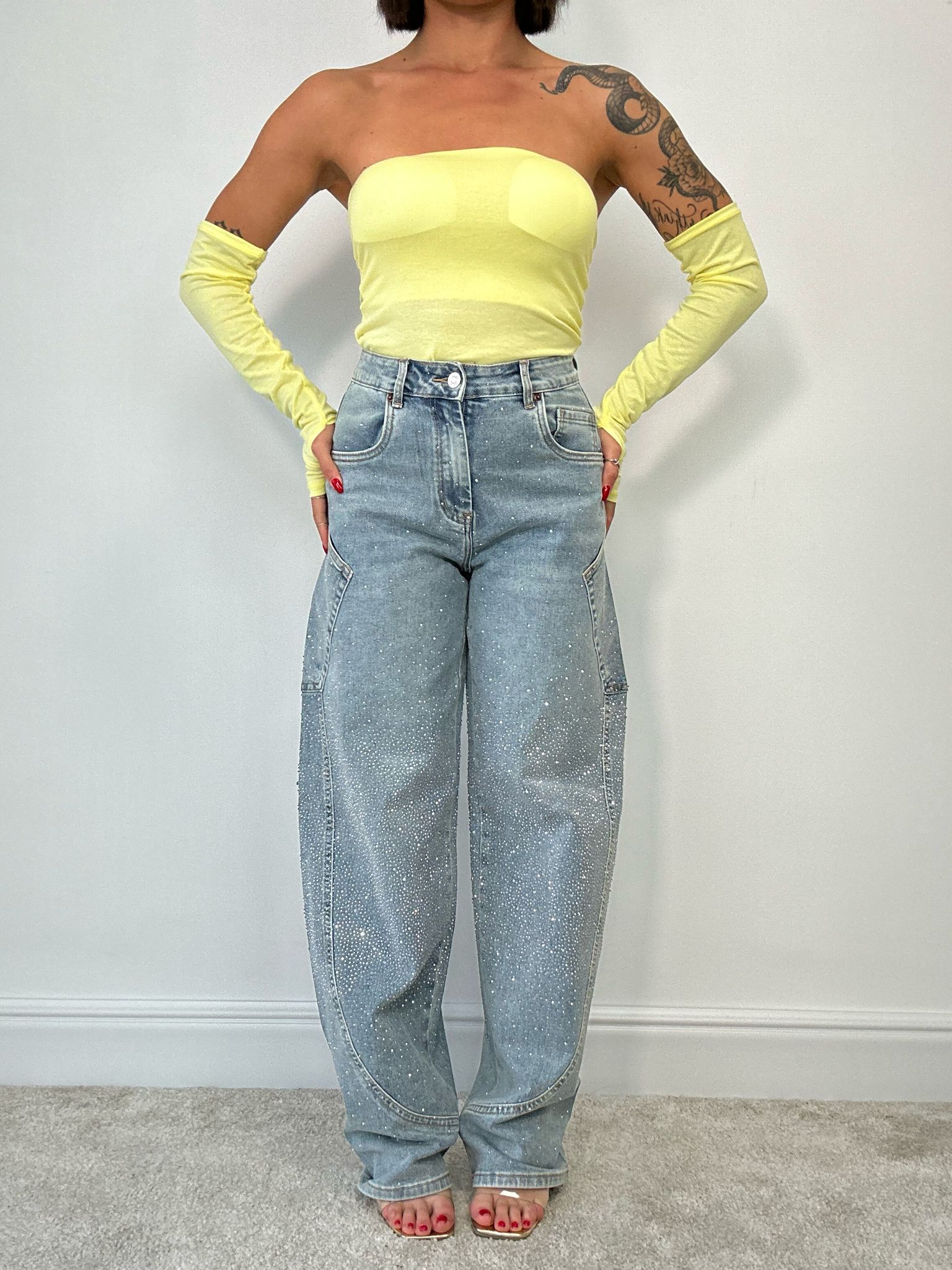 Jeans Wide Balloon con Strass