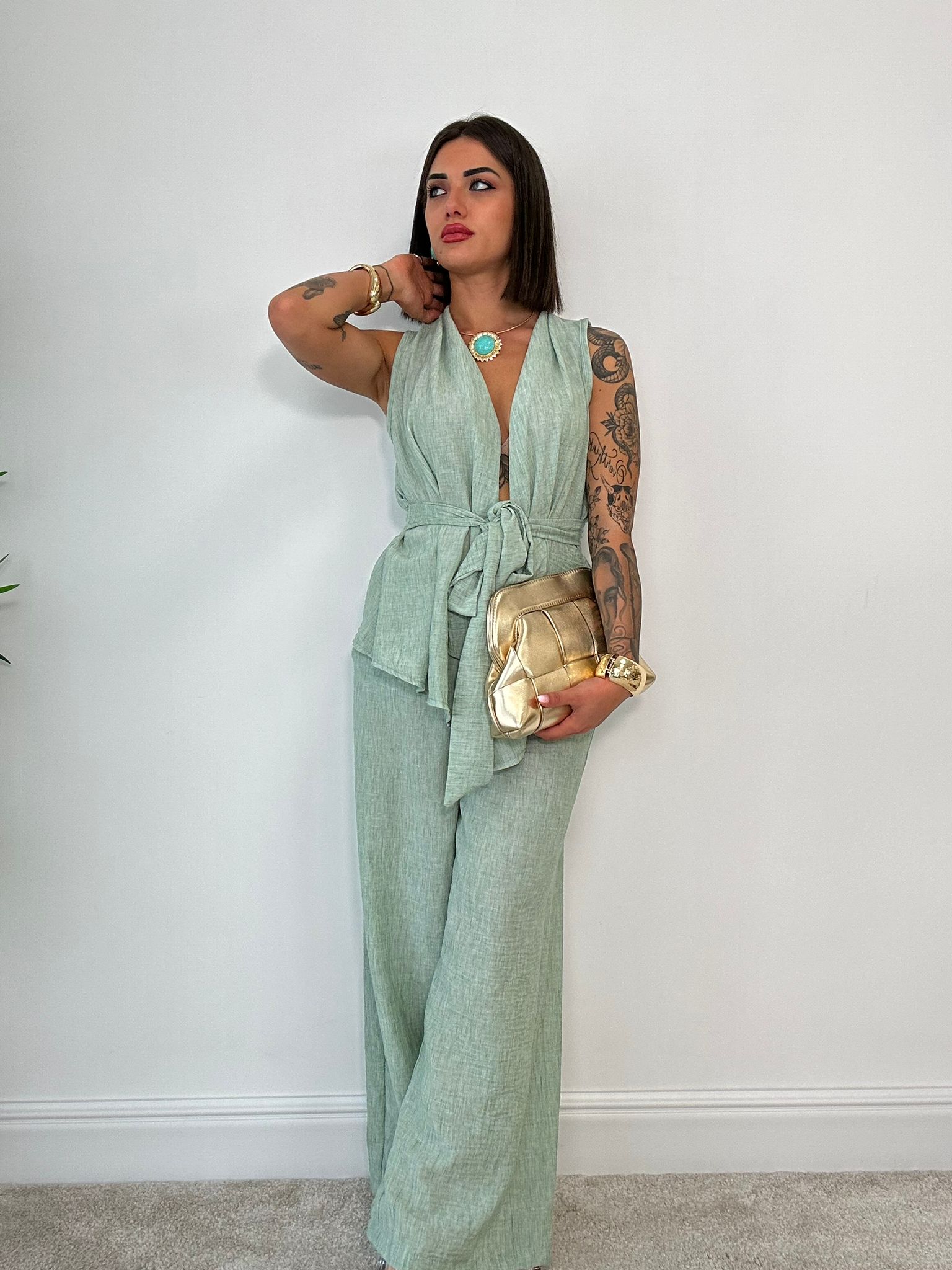 Coordinato Rio (Giacca smanicata + Pantalone) Verde Chiaro