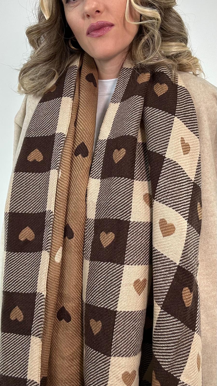 Sciarpa a quadri con cuori - Marrone