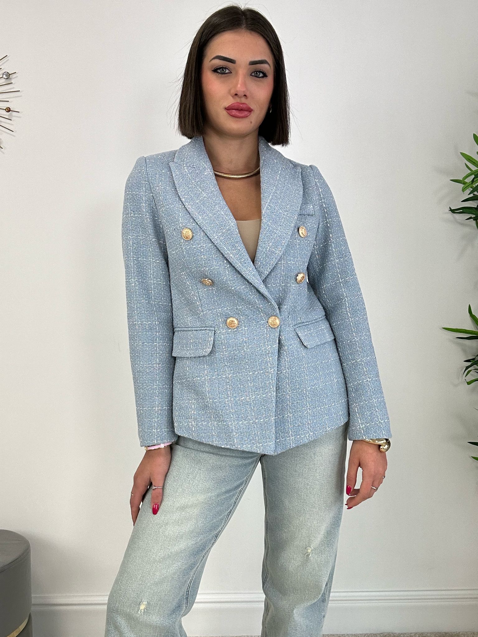 Giacca Doppio Petto in Tweed - Celeste
