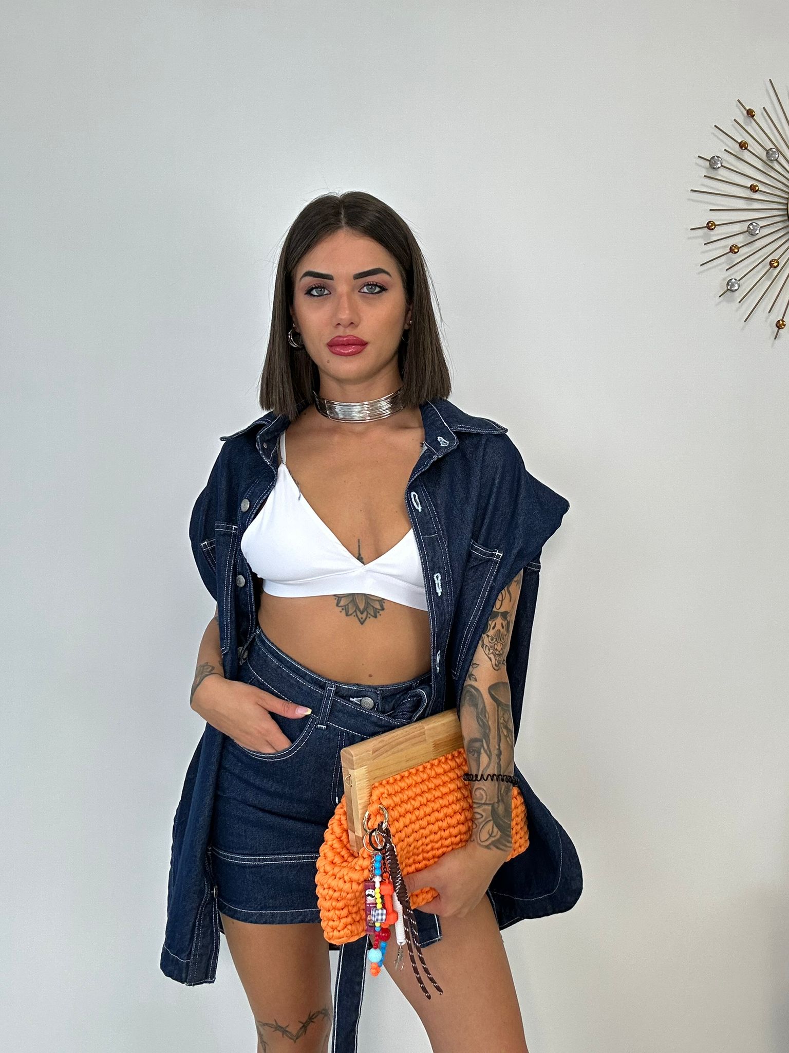 Coordinato di Jeans (Giacca Smanicata + Gonna) Lavaggio scuro