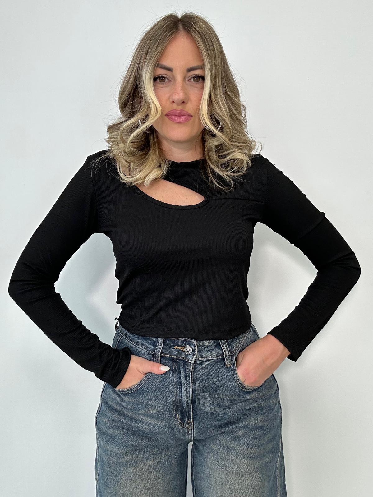 Maglia a costine con apertura - Nero