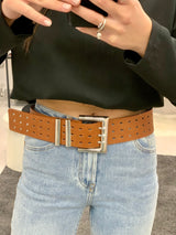 Cinturone con fori e fibbia argento - Camel
